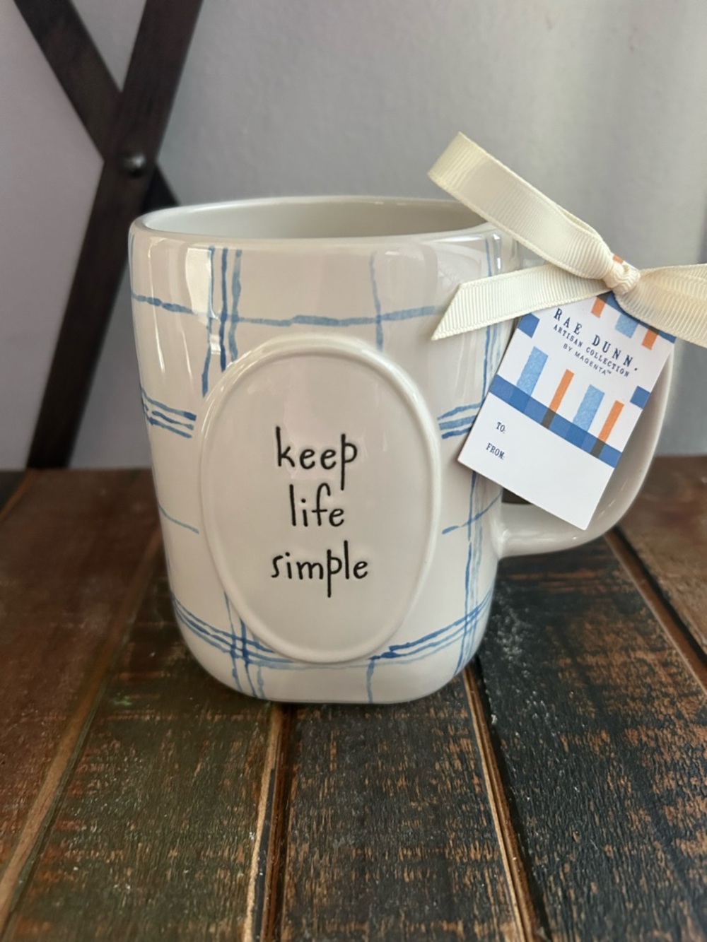 Rae Dunn Blue And White Plaid Mug KEEP LIFE SIMPLE Farmhouse NEW